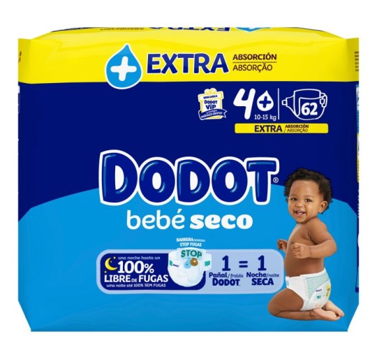 DODOT PAÑAL BEBE SECO TALLA 4+ 10-15KG 62 UDS